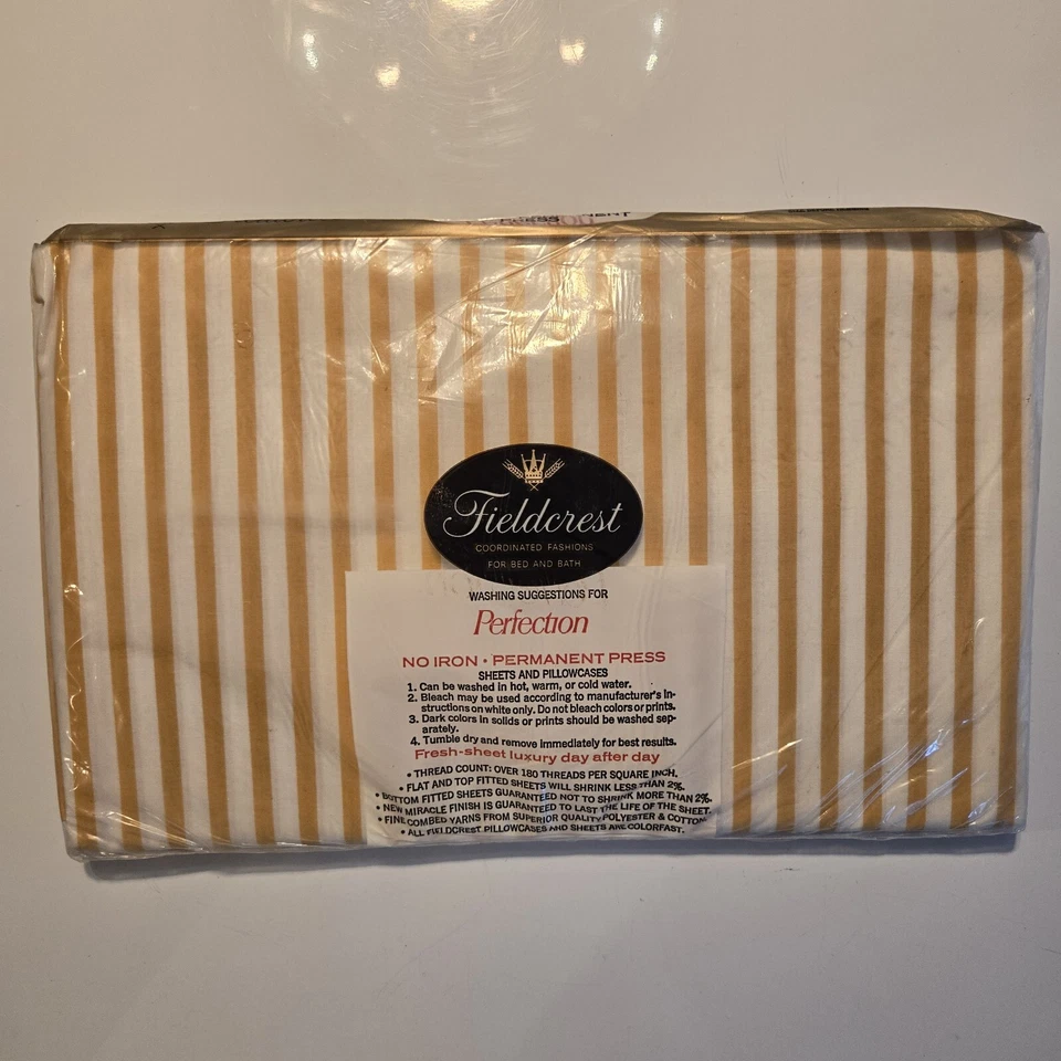Hoja Plana Doble Fieldcrest Años 70 De Colección NOS Rayas Oro Amarillo 72 X 104 In Percal Foto 2 de 4