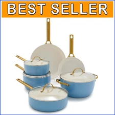 Dishwasher Safe 10-Piece Cookware Set - Reinforced with Diamonds, Sky Blue