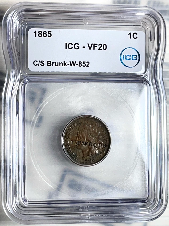 1865 Indian Head Cent VF20 Brunk W-852 "Woods" Counterstamp - Image 2 of 4