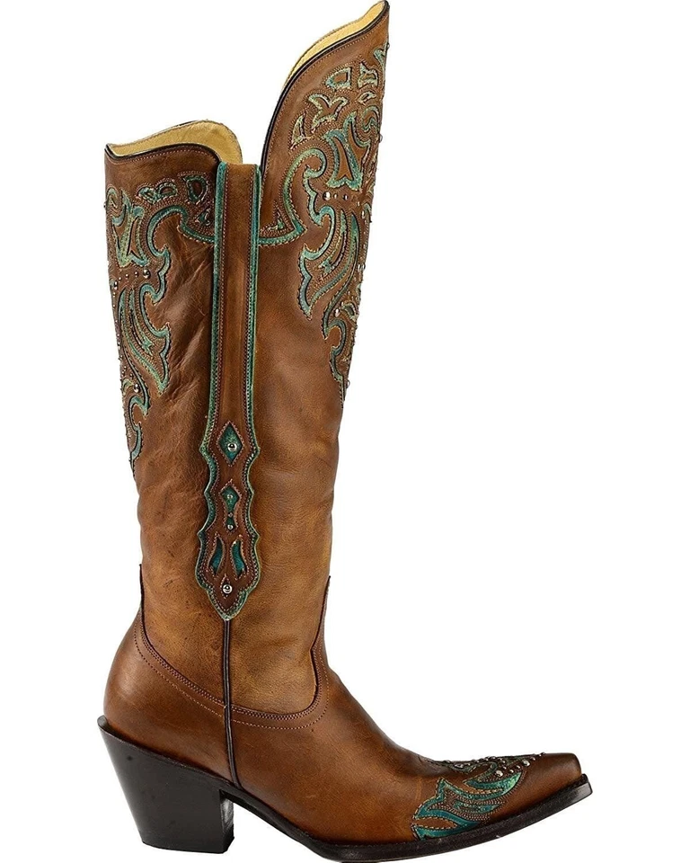 Bota feminina CORRAL alta turquesa cravejada ponta das asas cowgirl biqueira redonda G1182 - Imagem 2 de 4
