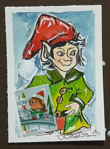 Postal Whimsy™ OOAK Elf &Candy Cane Stamp Miniature — Watercolor & Ink ACEO