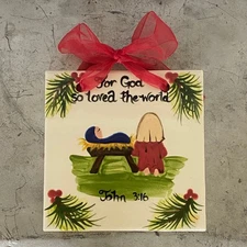 Art of the Spirit Hand Painted Nativity Tile Bible Christmas Ornament Religious