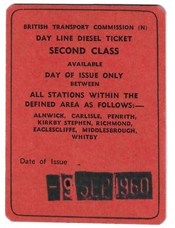 Railway Tickets B T C(N) "DAY LINE DISEL TICKET". Issued Newcastle 2nd Cl 1960