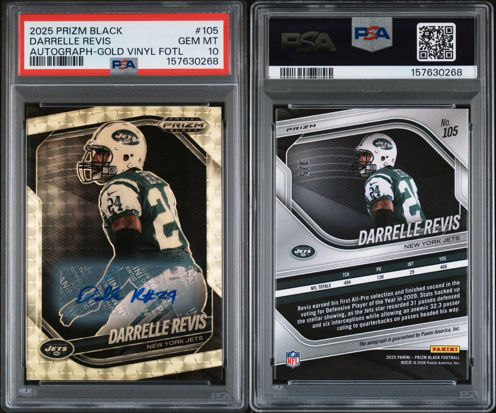 2025 Panini Prizm Black Football Darrelle Revis Gold Vinyl FOTL /5 Auto PSA 10 view 3