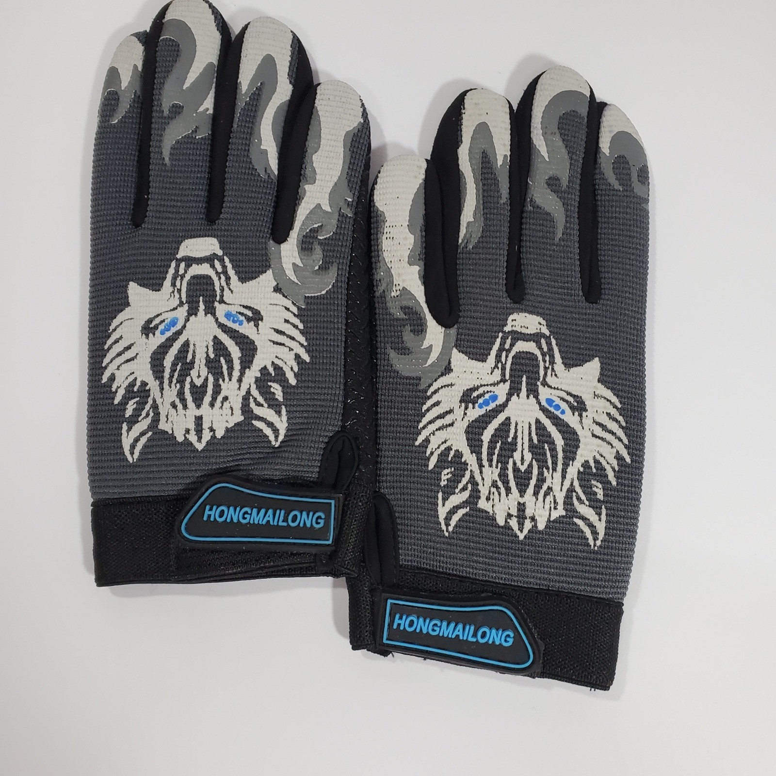 Hongmailong Motorcycle Gloves Grey Black Wolf Graphic Flame 