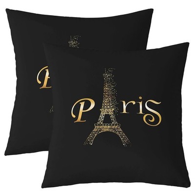 Eiffel Tower Throw Pillow Covers 18''x18'' Set of 2 Soft Paris Black Golden Pil...