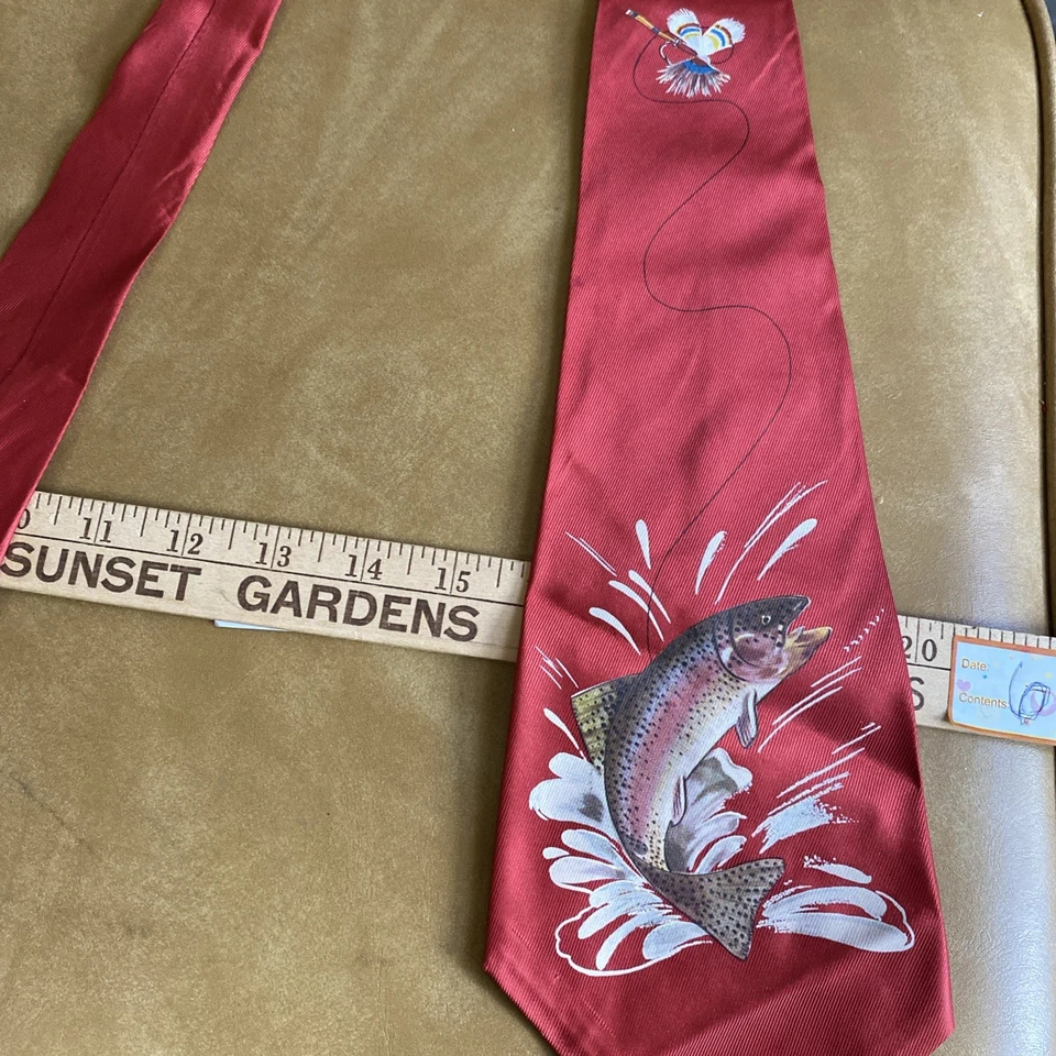 Rainbow Trout And Lure On Red Silk Vintage Cravat Unique Signe Garman Artist - Image 3 of 4
