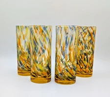 Set of 4 Hand Blown Art Glass Tumblers Amber Multicolor Spatter Vintage