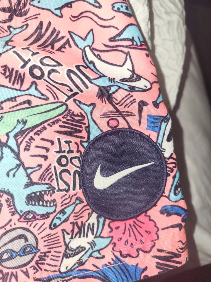 Nike Boys Shark Graphic Print Swim Shorts Pink Multicolour Elastic Waist XL - Image 1 of 3