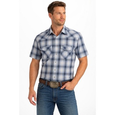 Clockhouse Western Plaid Pearl Snap Shirt Mens Medium Blue Short Sleeve