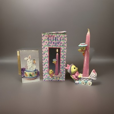 Vtg Giftco Chicken Chick/ Bunny Easter Porcelain Candle Climber & Holder Set 2