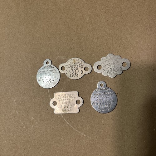5 VTG Dog Pet License Tags ALBANY-CATO NEW YORK 1964-1982