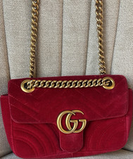 Gucci GG Marmont Red Small Crossbody Bag, Quilted Logo, Gold Chain Strap