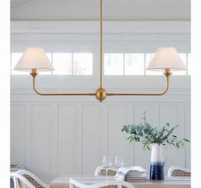 Modern Linear Chandelier Gold Island Light Fixture Off White Fabric Shade