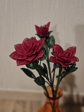 Red French Beaded Roses Set of 3 Handmade Glass Bead Flowers Long Stem