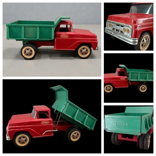 VINTAGE 60s RED & GREEN TONKA DUMP TRUCK ORIGINAL PRESSED STEEL HEAVY DUTY VGUC