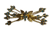 Vintage Gold Tone Spray Brooch Clear Blue Rhinestones Floral Flower Design Pin