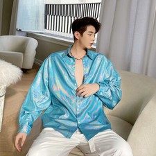 Men Laser Shirt Lapel Solid Long Sleeve Reflective Blouse Leisure Top Loose Thin