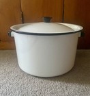 Vintage Farmhouse White Enamelware Black Trim Large Stock Pot Lid Enamel Pot — photo 1