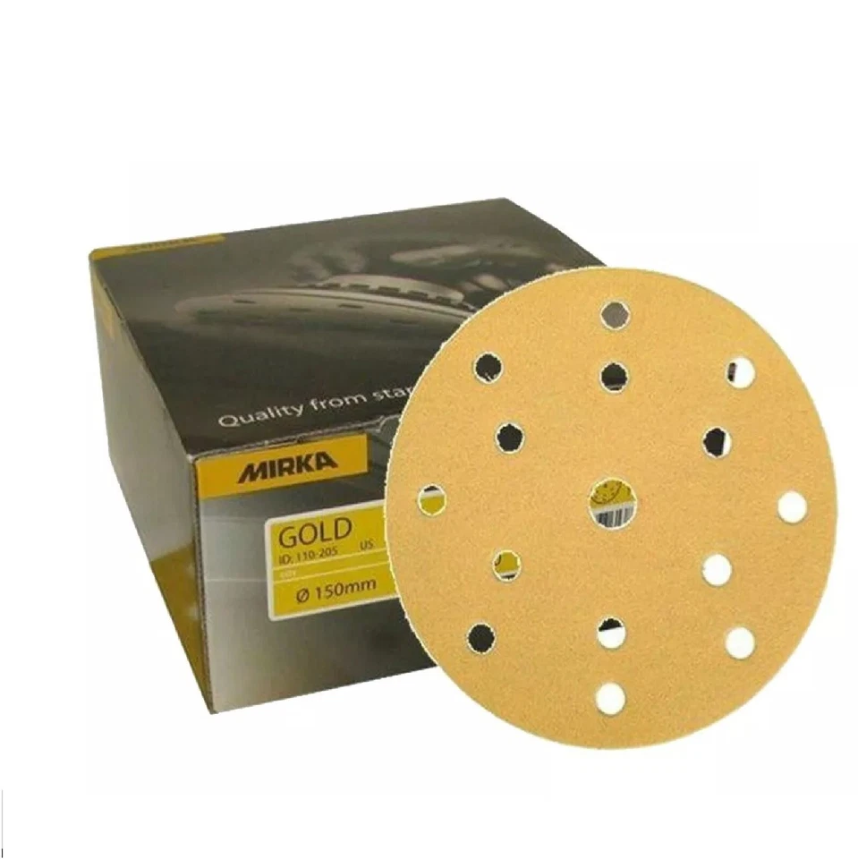 MIRKA GOLD GRIP 150MM 6'' 15 HOLE DA SANDING DISCS PACK OF 100 - All Grits