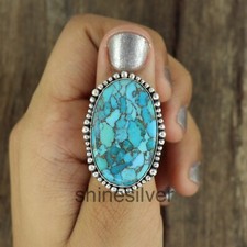 Blue Copper Turquoise Sterling Silver Boho Statement Handmade Women Ring