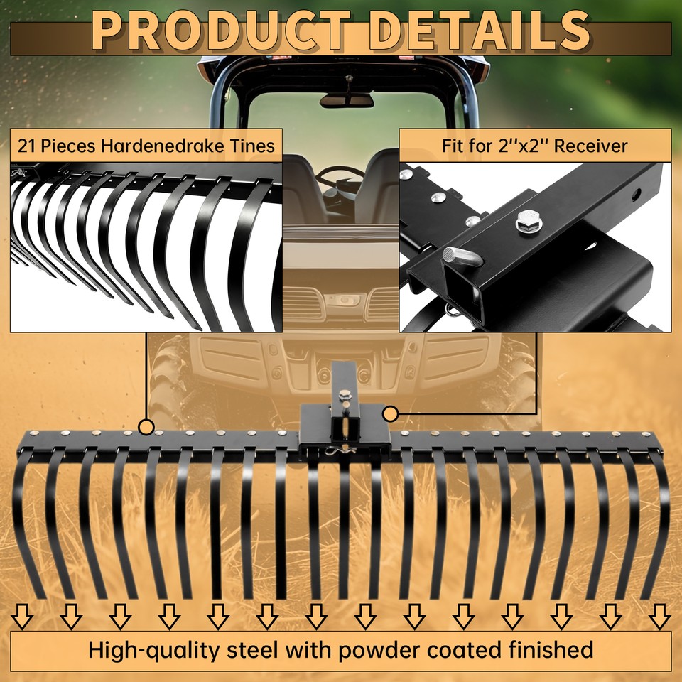 Tractor Front Loader Landscape Rake 60'' 3 Point Landscape Rock Rake Steel for Category 1 Compact Tractors ...