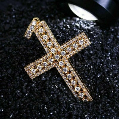 14k Yellow Gold Plated 2 Ct Round Cut Simulated Diamond 925 Silver Cross Pendant
