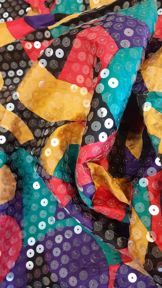 Elegante tela con lentejuelas, nueva, 1 3/4 yarda, W=44", amarillo/rojo/púrpura Foto 4 de 4