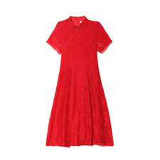Donna Midi Abito Qipao Cheongsam Pizzo Manica Corta Floreale a-Line Swing Retrò