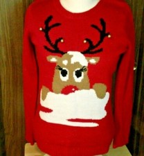 Reindeer with Jingle Bells Womens Red Holiday Knit Sweater Long Sleeve sz Small