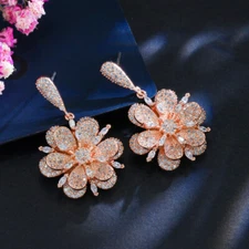 Chic Rose Gold Plated CZ Big Flower Drop Dangle Earrings for Women Ear Jewelry