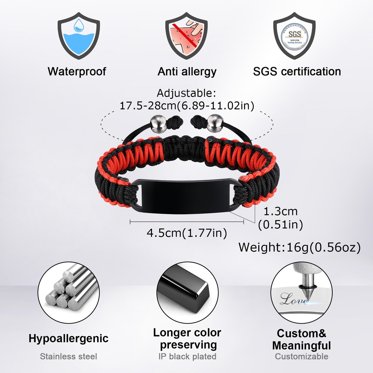 Personalized Bracelet With Engraved Nameplate - Adjustable Braided Rope, Stainless Steel Tag, For Women/Men/Couples
