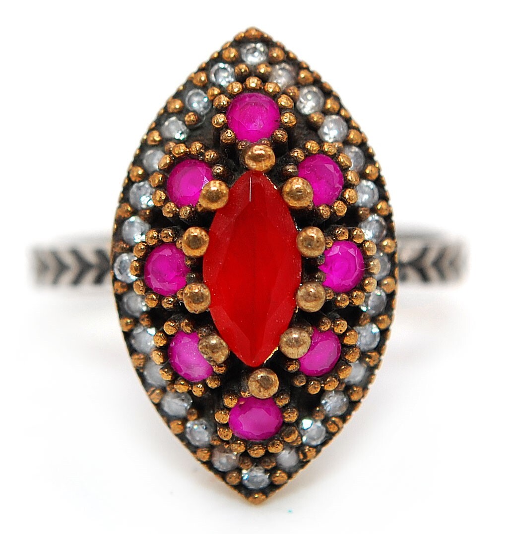 Exquisite 2CT Treated Ruby 925 Sterling Silver Ottoman Empire Style Ring Size 7  