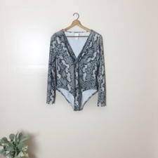 H M Women's Size: Large Black  Gray Snakeskin Print Long Sleeve Bodysuit