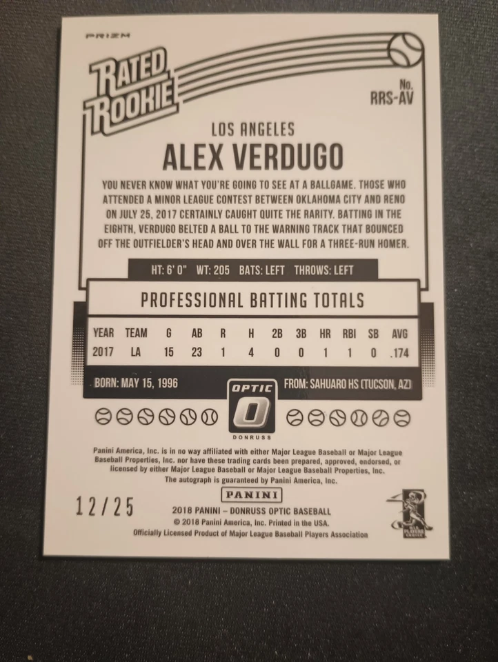 alex verdugo 2018 DONRUSS OPTIC black prizm auto /25 rated rookie dodgers - Image 4 of 4