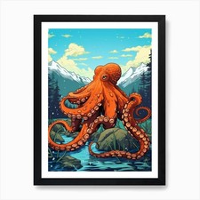 Giant Pacific Octopus Illustration  Framed Wall Art Poster Canvas Print Picture