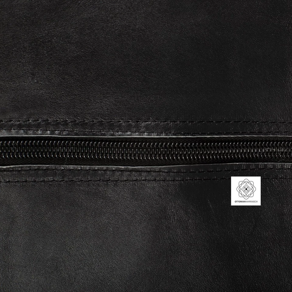 Moroccan Leather Footstool Ottoman Boho Pouffe New 30'' Unstuffed Genuine Black - Image 4 of 4