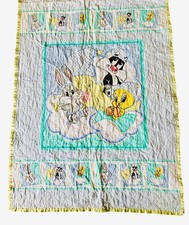 Vintage 90s Baby Looney Tunes Quilted Crib Blanket Bugs Taz Tweety Fabric