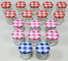 Lot Of 17 Bonne Maman Glass Jars Gingham Lids Clear Glass 9 Red 6 Pink 2 Blue