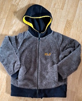 Jack Wolfskin Kinder Fleecejacke mit Kapuze, Gr. 152, grau/schwarz/gelb