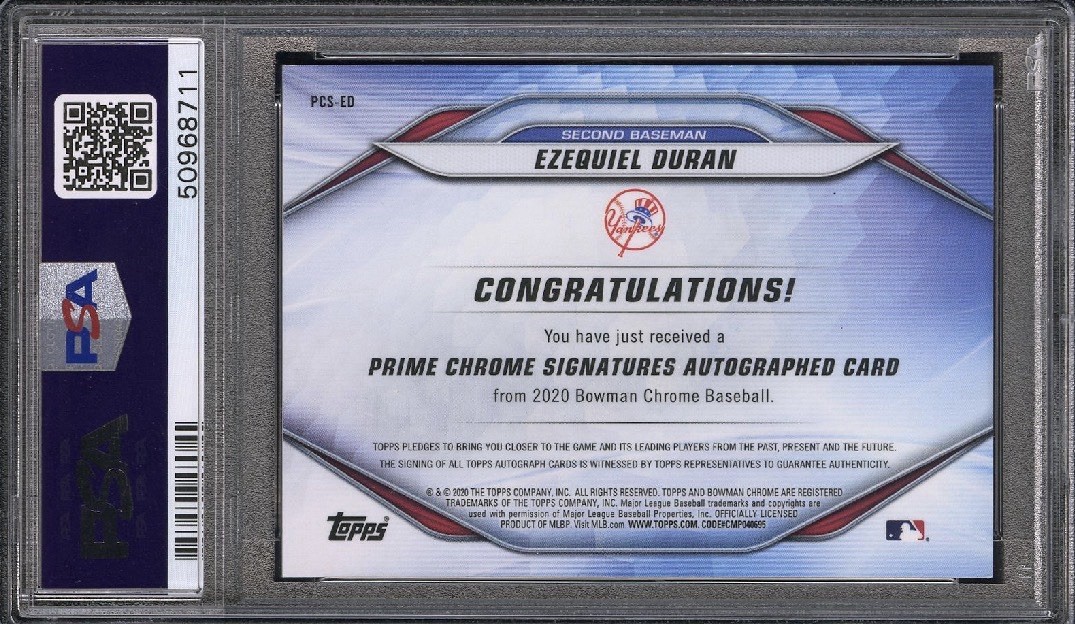 2020 Bowman Chrome Ezequiel Duran 1/1 Superfractor Auto PSA 10 Yankees Rangers view 2