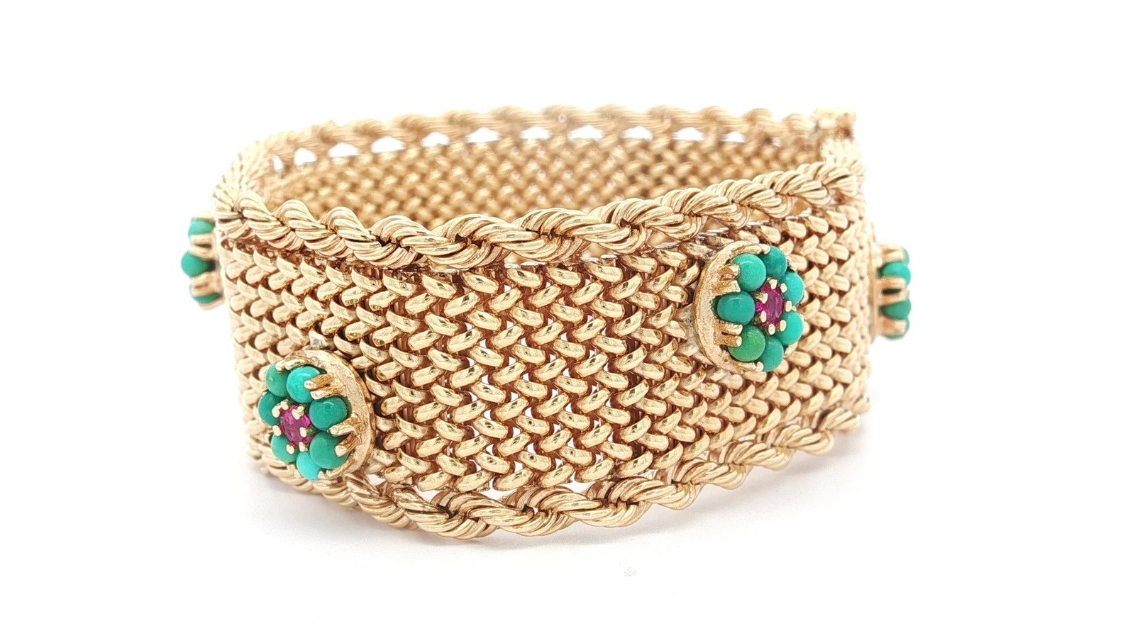 Vintage Solid Gold Turquoise Ruby Flower Cluster … - image 3
