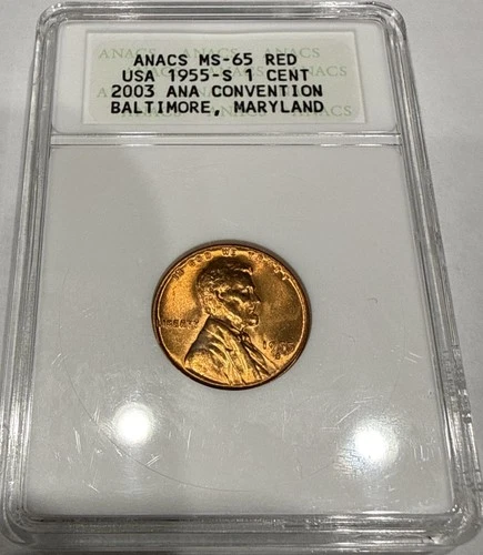 1955-S Lincoln Wheat Cent 1C Coin ANACS MS65 RD Soapbox Holder 2003 ANA Con (G1)