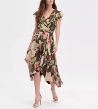NWT $189 Adrianna Papell Shimmering Floral High-Low Midi Wrap Dress 14