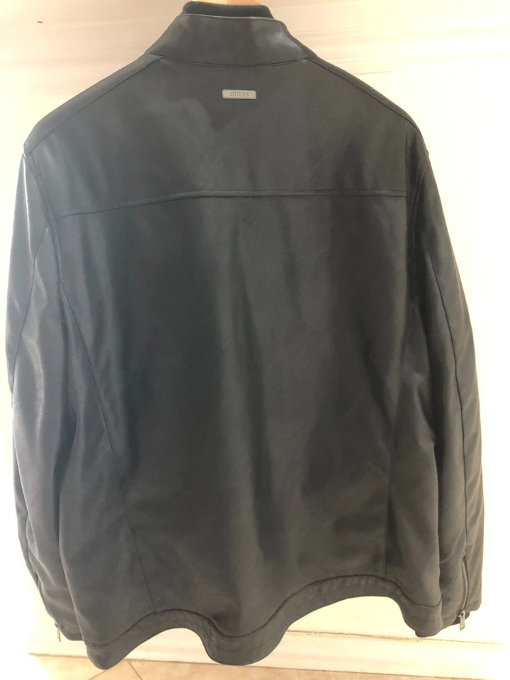 WOW! GUESS Jacket Mens XL Black Leather Faux Moto Racer Biker Metric Warm Grunge - Image 3 of 4