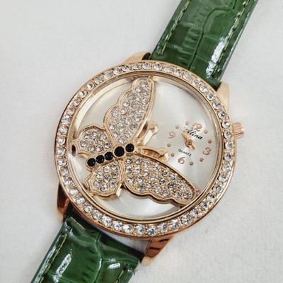 Alina Gold Tone Womens Butterfly Wrist Watch Green Faux Embossed Leather Band