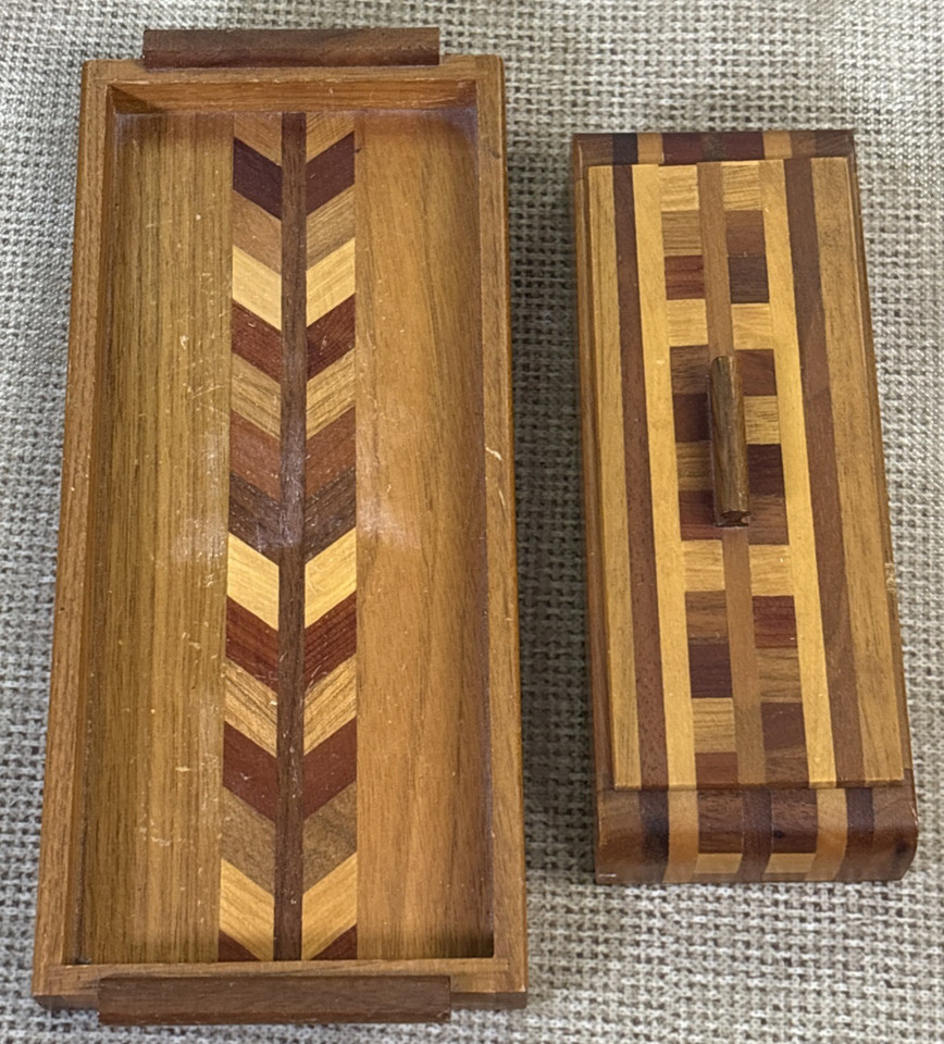Vintage Mid-Century Geometric Marquertry Desk Set Inlaid Wood Lidded Box & Tray.