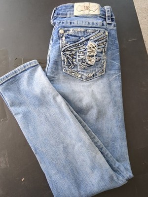 Miss Me Women's  Standard Skinny Jeans Blue Embroidered Rhinestone 5-Pocket