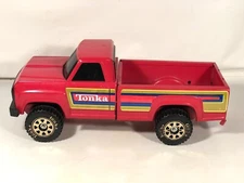 Vintage Tonka Steel Red Pickup Truck Yellow Blue Stripe Tailgate Made In USA