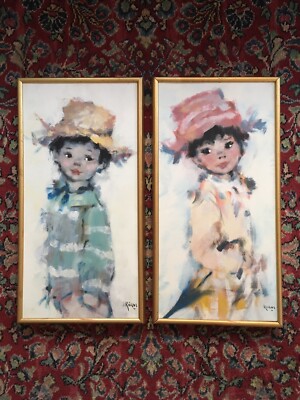 MCM Koros Signed Oil Painting Boy Girl Set Grumbacher Frame 1960 s Excellent